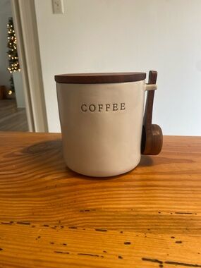 Hearth & Hand Neutral Ceramic Coffee Canister with Wooden Lid and Spoon